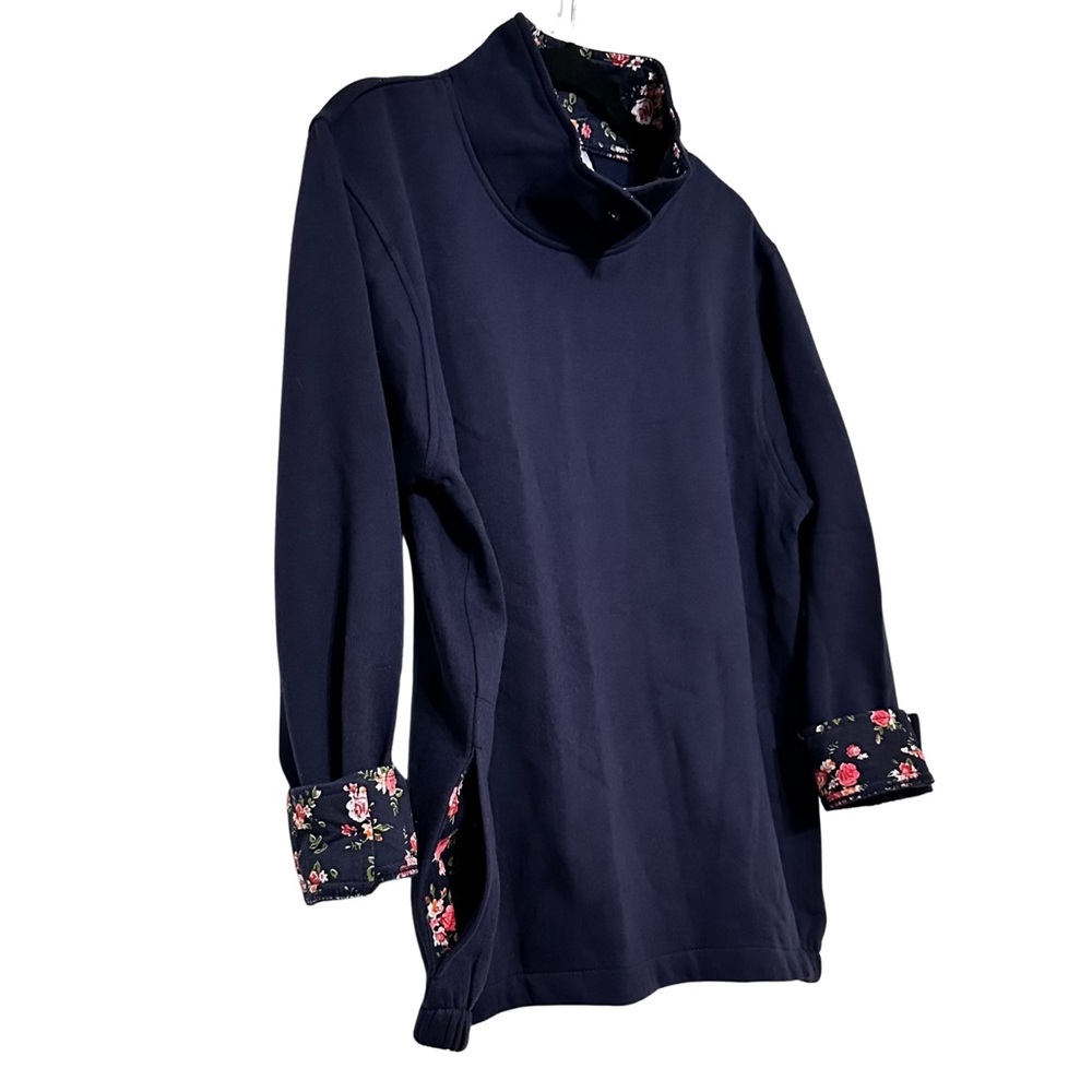 Metropolitan Navy Floral Trim Pullover Mock Neck Cotton Blend Sweatshirt Sz M - Picture 2 of 8